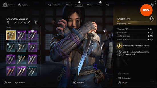 Assassin's Creed Shadows weapons best: Naoe wielding the Scarlet Fate tanto