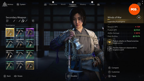 Assassin's Creed Shadows best weapons: Naoe holding a blue-ish, scythe-like kusarigama