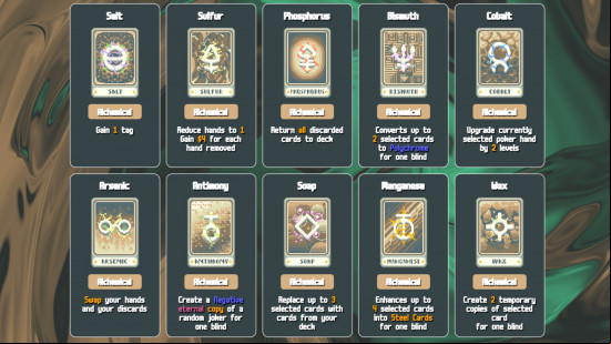 A collection of the new Alchemical consumable cards added with the Codex Arcanium Balatro mod.