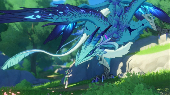 Best fantasy games: Genshin Impact. Image shows a large blue dragon interacting with a person in a forest.