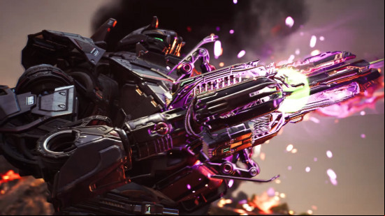 Best robot games: Steel Hunters. Image shows a picture of a robot holding a gun on a battlefield.