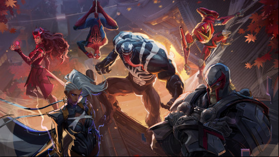 Venom, Magneto, Spider-Man, Scarlet Witch and Peni all standing in a dimly lit environment in Marvel Rivals artwork