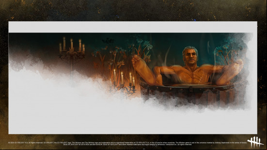 Geralt reclines in the bath in a reward for a DBD 2v8 mode crossover with The Witcher.