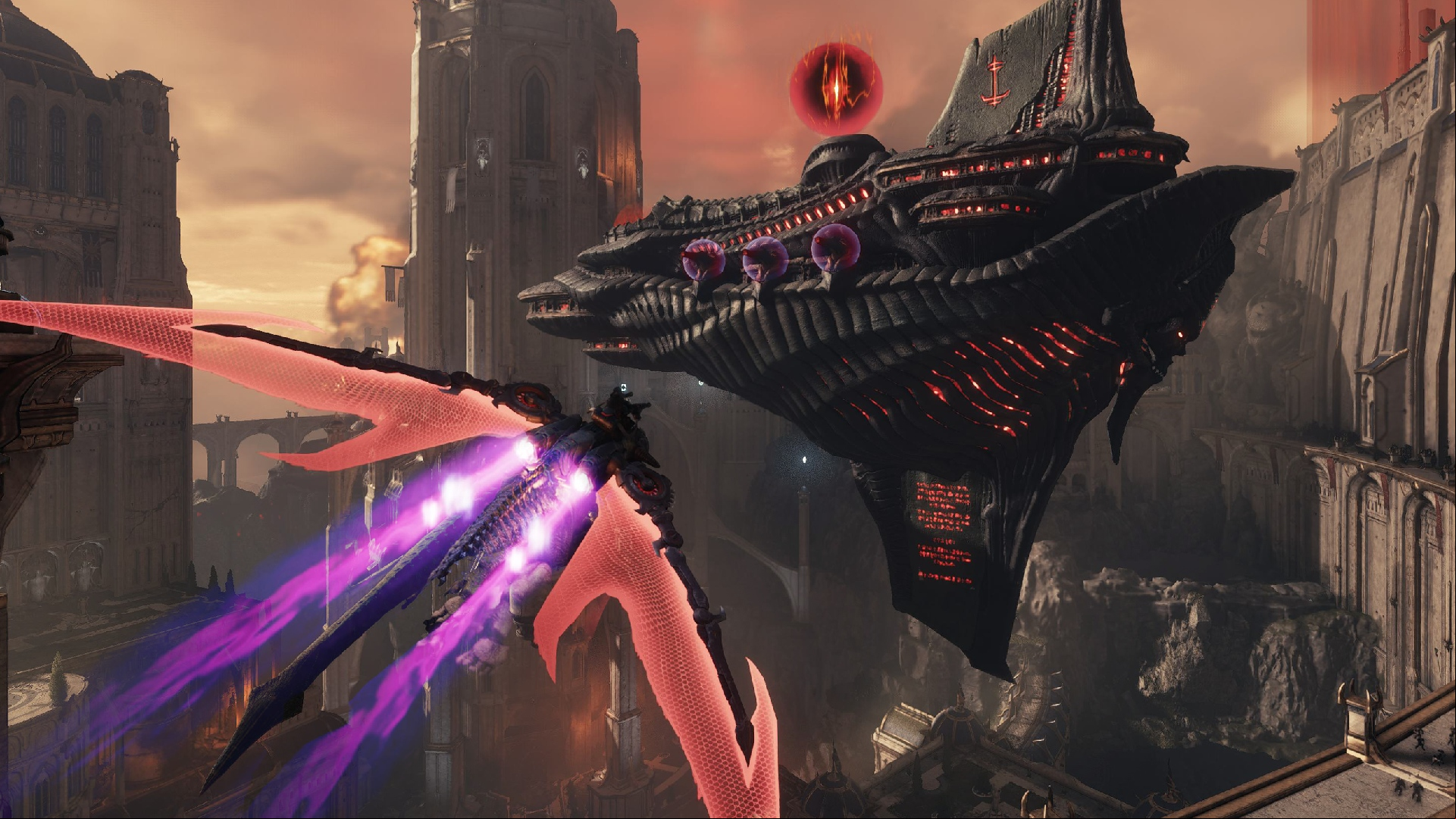 Doom The Dark Ages: A dragon with red wings leaves a purple trail as it flies towards a black alien ship