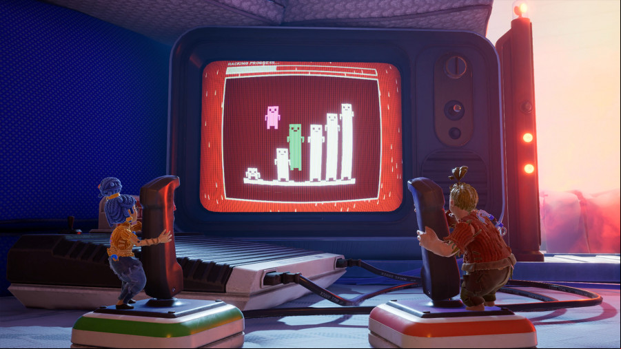 It Takes Two: Small clay dolls, one a man one a woman, using huge joysticks to play a game on a television