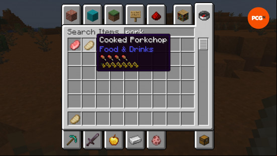A food item in the Minecraft inventory is shown with its hunger and saturation replenishment thanks to the Minecraft AppleSkin texture pack.