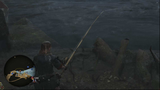 Fishing for the Whopper in Monster Hunter Wilds.