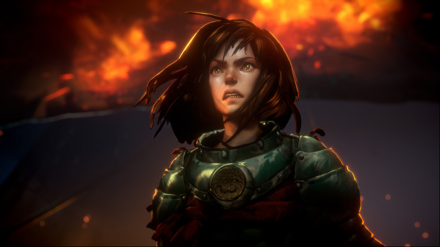 No Rest for the Wicked: A woman wearing armor with short brown hair looks off to the cameras, wind blowing with red flames behind her