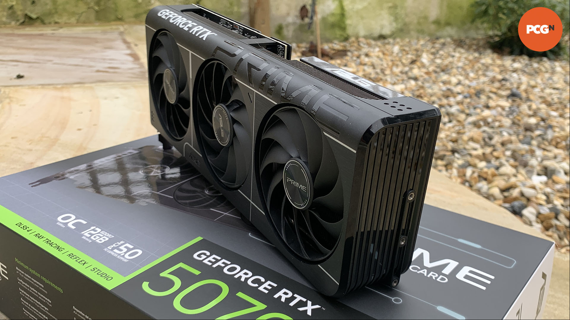 Nvidia GeForce RTX 5070 review: Asus Prime OC graphics card on box.