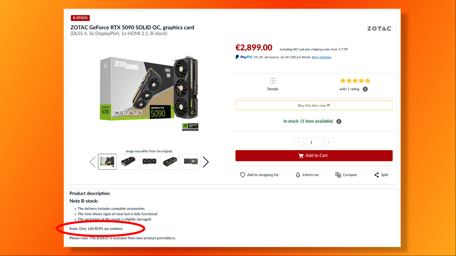 Zotac Nvidia GeForce RTX 5090 listing with missing ROPs on Alternate.