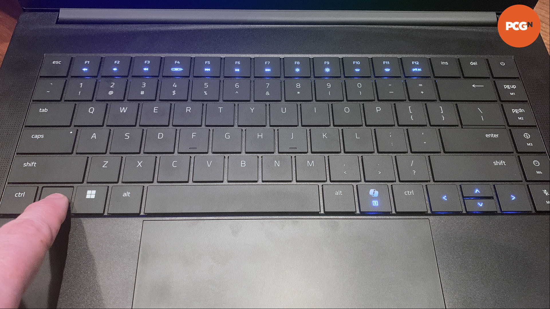 Razer Blade 16 2025 review: RGB keyboard with Fn key held down