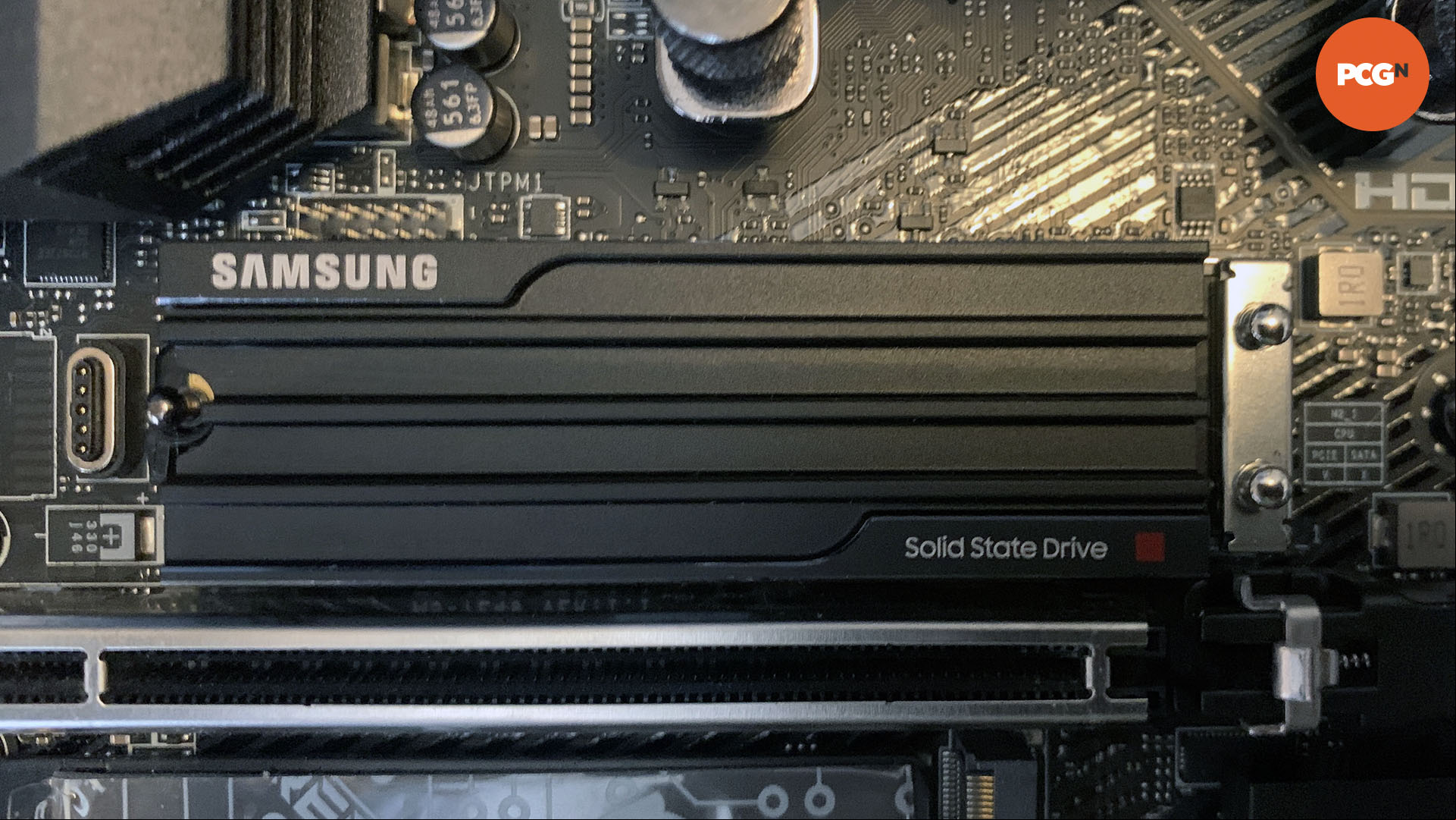 Samsung 9100 Pro review: 2TB heatsink SSD installed in motherboard.