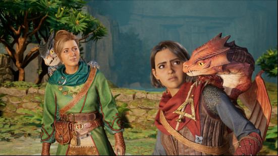 Best new games: two humans wearing fantasy garb and a very small dragon.