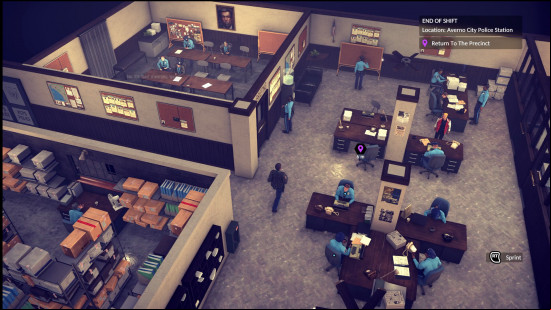 A top down view of a police office in The Precinct.