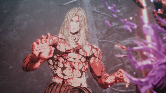 The First Berserker Khazan review: Khazan looking at his hands as a red energy swirls around him.