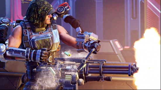 Best mech games: a soldier wearing a robotic suit fires a huge gatling gun.