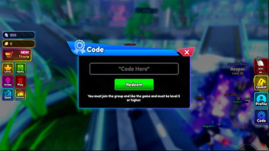 The code redemption screen for anime rangers x. 