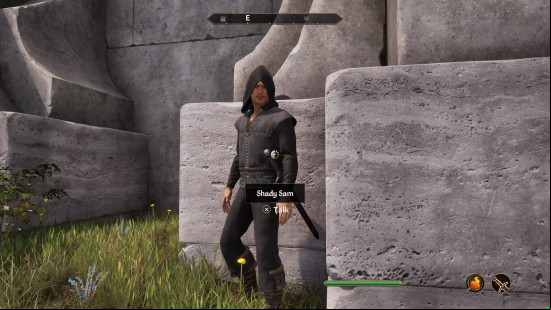 Shady Sam, the merchant, standing next to a wall in Oblivion Remastered.