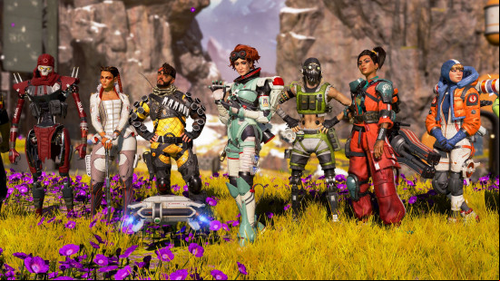 Best battle royale games: Apex Legends. Image shows a group of characters from the game looking vibrant in a sunny field.