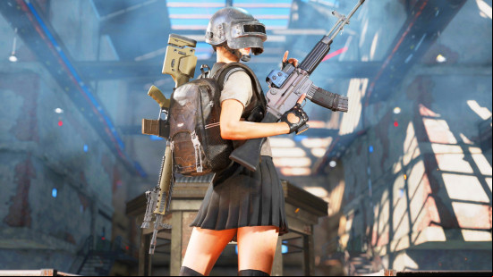 Best free PC games: PUBG: Player Unknown Battleground. Image shows an armed character wearing a helmet.