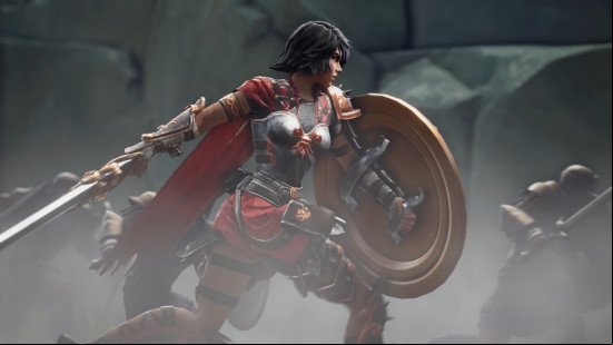Best free PC games: Smite 2. Image shows a person running down the battlefield holding a sword and shield.