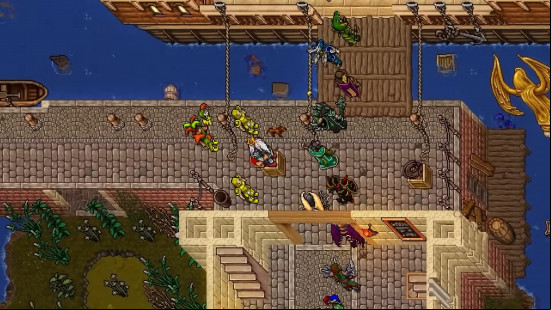 Best free PC games: Tibia. Image shows a row of adverturers boarding a ship from an isometric, pixelated perspective. This is a screenshot from the game.