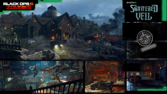 Black Ops 6 Zombies maps: a collage of locales within the Shattered Veil map, featuring a large mansion and t-rex display