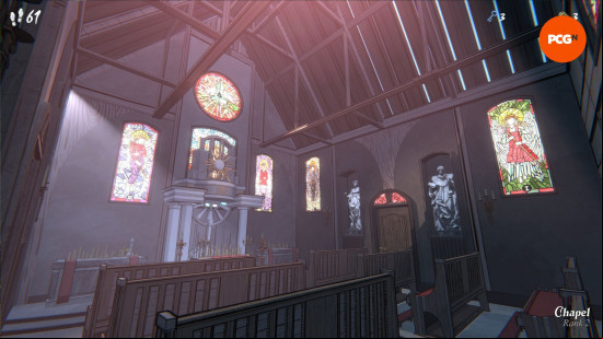 Blue Prince review: a chapel with stained glass windows. The light shining through the windows has a red hue.