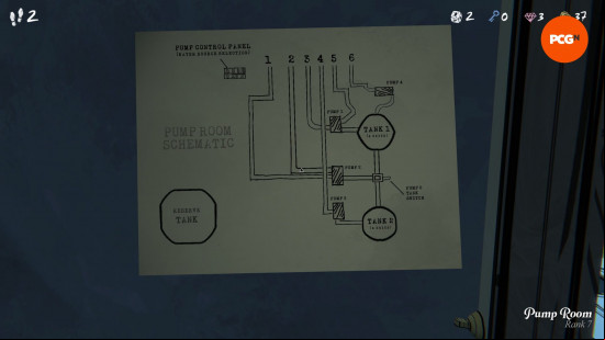 Blue Prince pump room: a yellowed note showing the layout of a water pump room.
