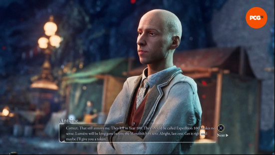 Antoine folds his arms while delivering his Festival quiz questions in Clair Obscur Expedition 33.