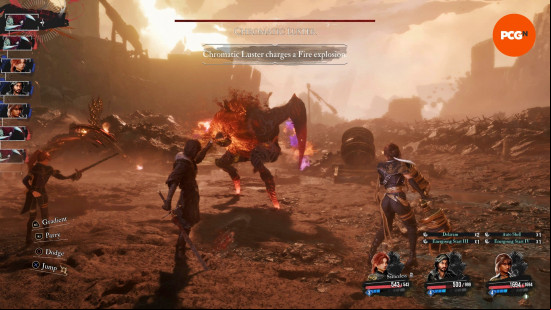 Fighting a monster in the dust in Clair Obscur.