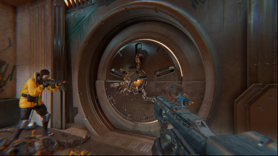 First-person perspective of two armed robbers opening a giant vault safe.