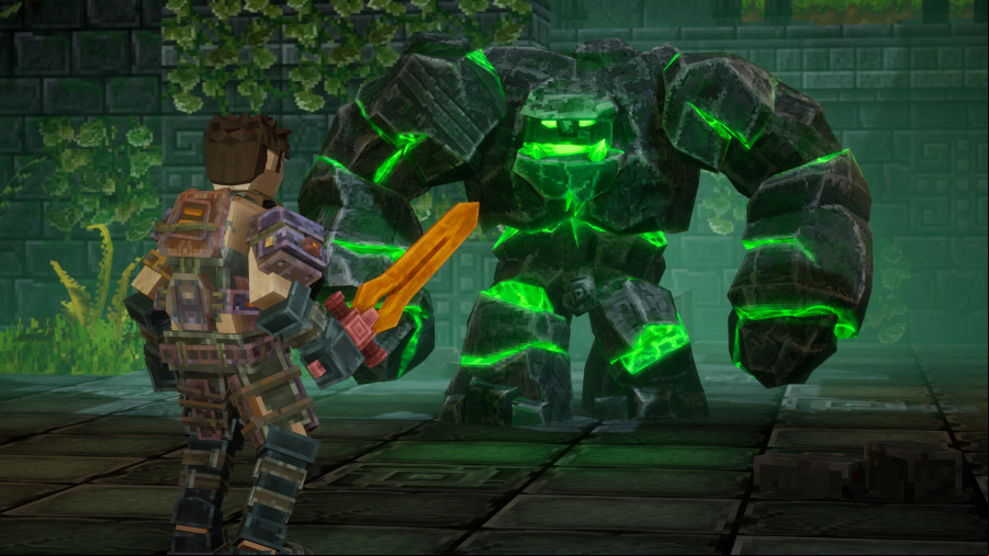 Everwind: A hulking green stone golem faces off against a small voxel warrior with a sword