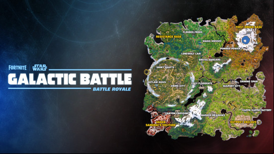 The Fortnite map and marked locations for the Galactic Battle season.