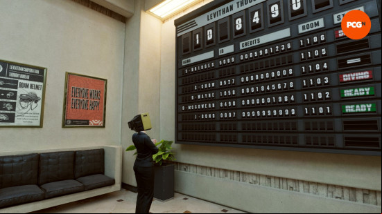 Karma the Dark World review: A woman in a suit with a television for a head looks at an office ticker board, from Karma The Dark World.