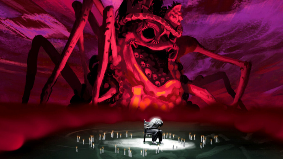 Malys - A large, multi-armed frog demon rises up behind a man tied to a chair.