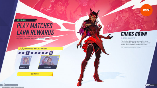 Marvel Rivals events: the Play Matches, Earn Rewards event UI, featuring Scarlet Witch in a red outfit