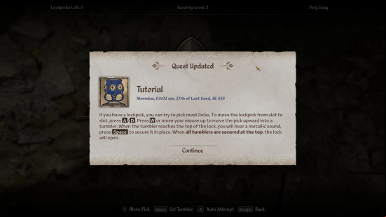 Oblivion lockpicking: a tutorial screen informing the player how to pick a lock.