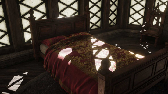 A bed in a room in Oblivion Remastered.