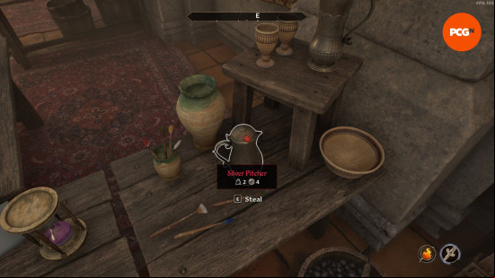 Making money in Oblivion: someone aiming to steal a silver pitcher from a store.