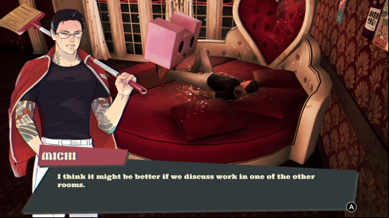 Promise Mascot Agency review: a man lying down on a giant heart-shaped bed with a sentient object looking at him.