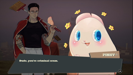 Promise Mascot Agency review: a man talking to a giant plushie-like creature.