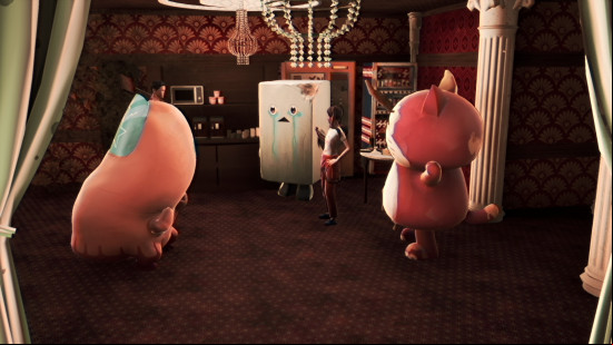 Promise Mascot Agency review: plushie-like creatures talking to a crying fridge.