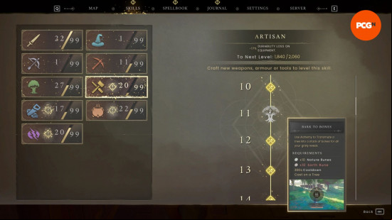 Runescape Dragonwilds skills: a page showing all the level rewards in the survival crafting game Runescape Dragonwilds.