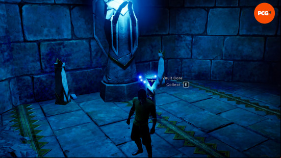 Collecting a core in a dark blue room in Runescape Dragonwilds.