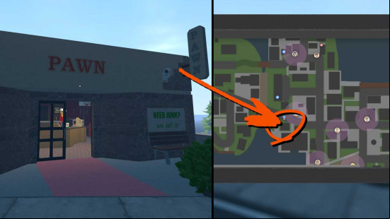 The pawn shop and its location on the map in Schedule 1.
