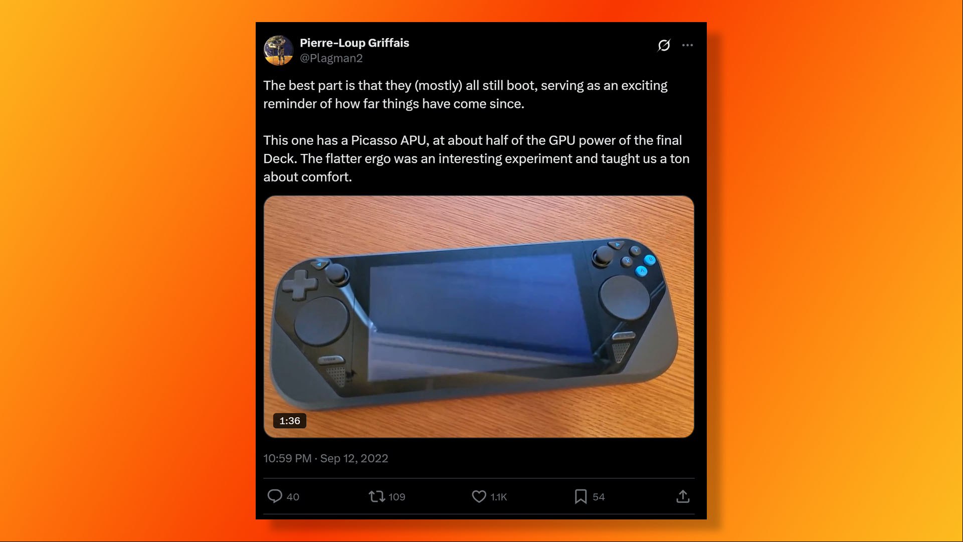 Steam Deck prototype shown in tweet by Pierre-Loup Griffais.
