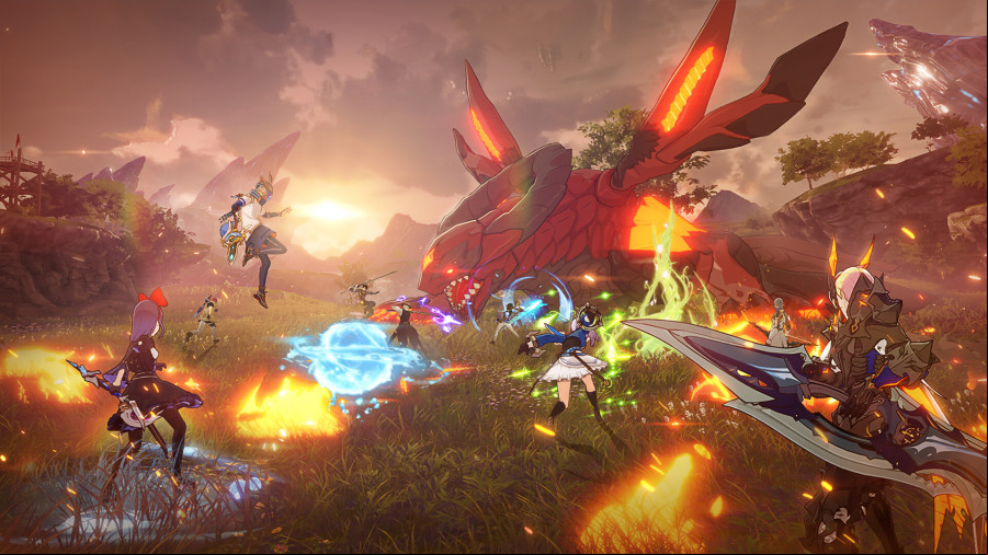 Blue Protocol Star Resonance: A group of anime characters fight a hulking monster in a plains area