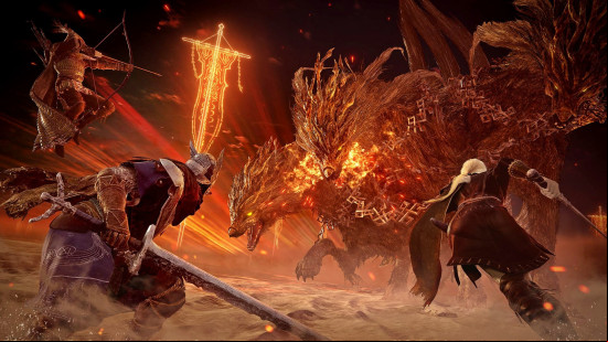 Elden Ring bosses: The Wylder, Ironeye, and Duchess charge towards Gladius, Beast of Night, one of the Night Lords.