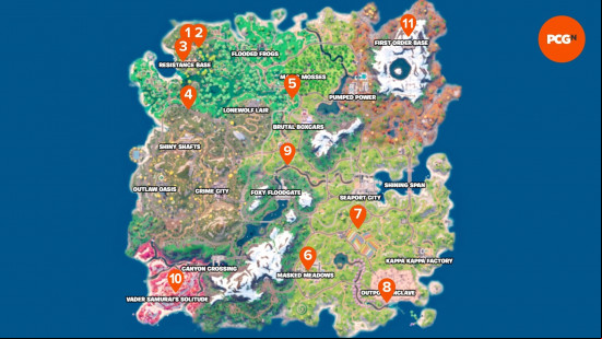 The Fortnite Galactic Battle map with markers showing the locations of all current Fortnite NPCs.